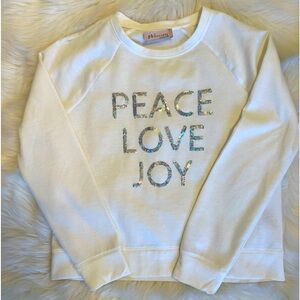 Peace, Love, Joy, sequence, White sweatshirt